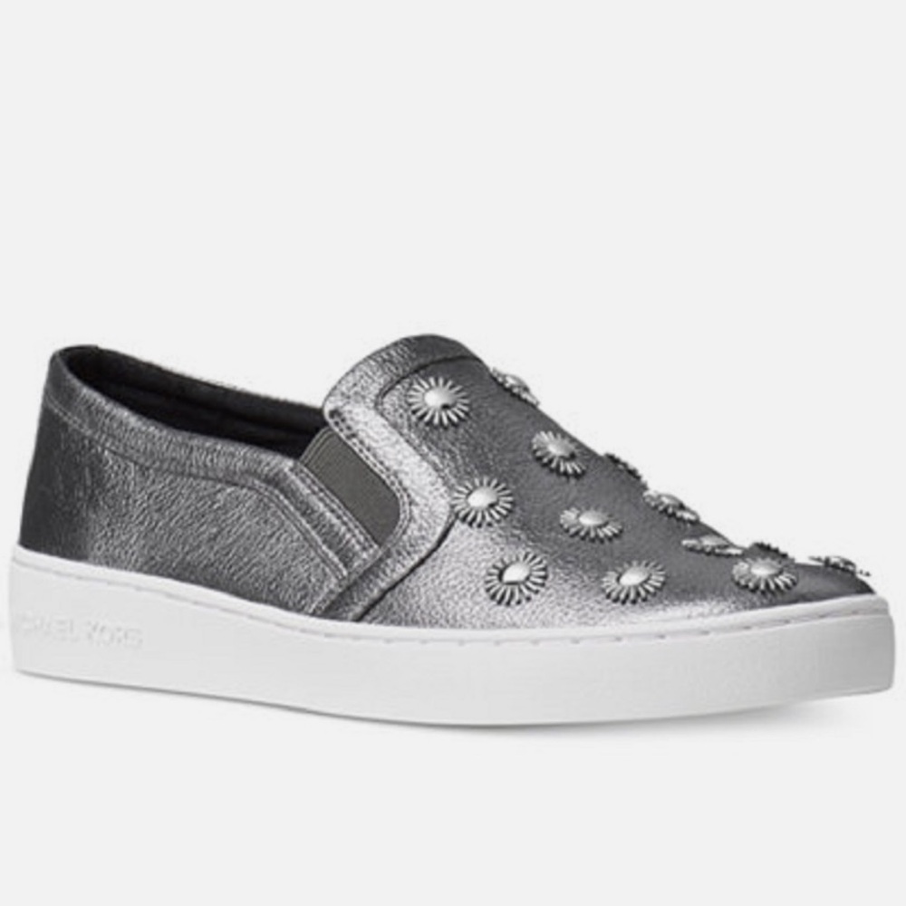 Michael Kors Gunmetal Grey Silver Studded Leo Leather Slip-On Sneakers Shoes 7